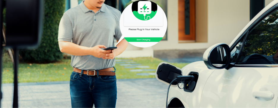 Man charging its electric vehicle at a charging point using gaadin ev charging app